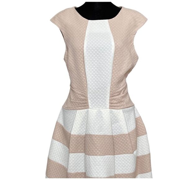 Gabby Skye Tan and White Striped Full Skirt Dress (Womens 10) - Picture 3 of 9
